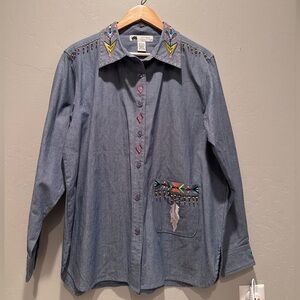 Vintage Storybook Chambray Blue Button Up Shirt Aztec Native American Bead Large